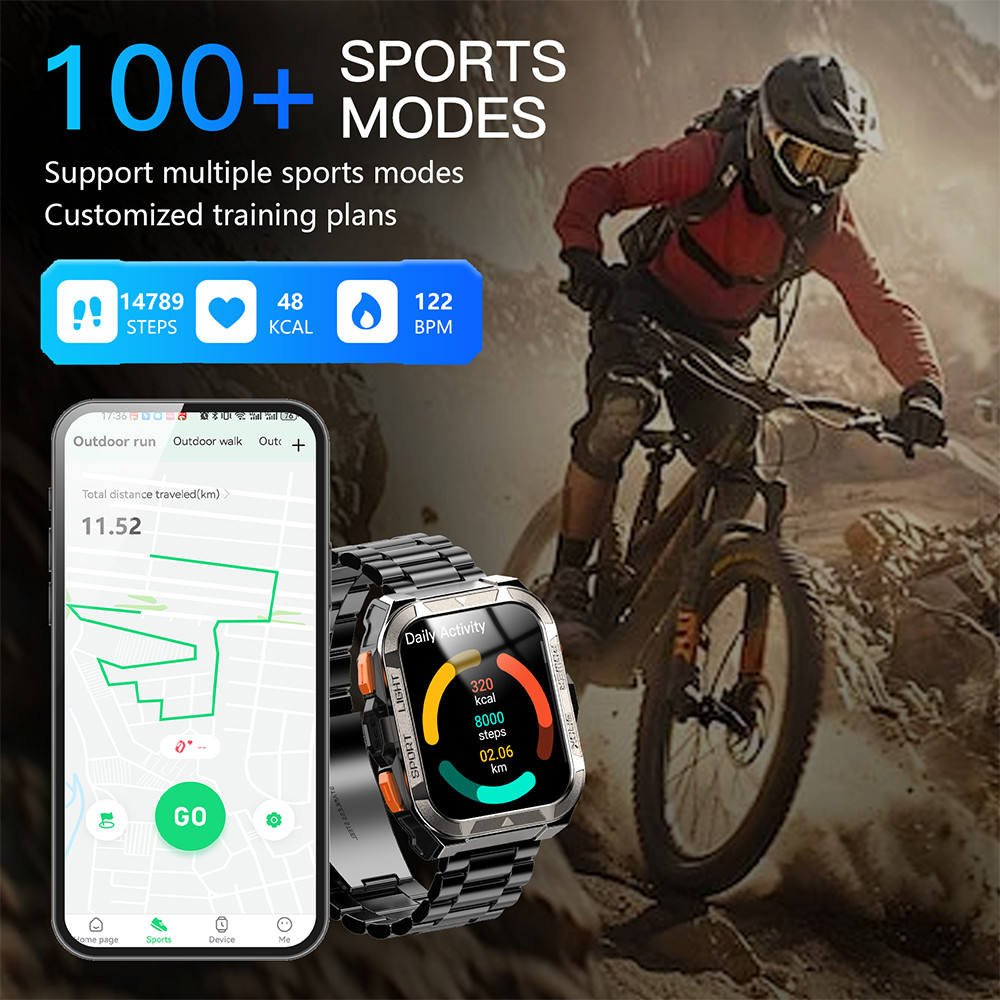Military Smart Watch Men 900mAh Stainless Steel Watches Flashlight Fitness Track