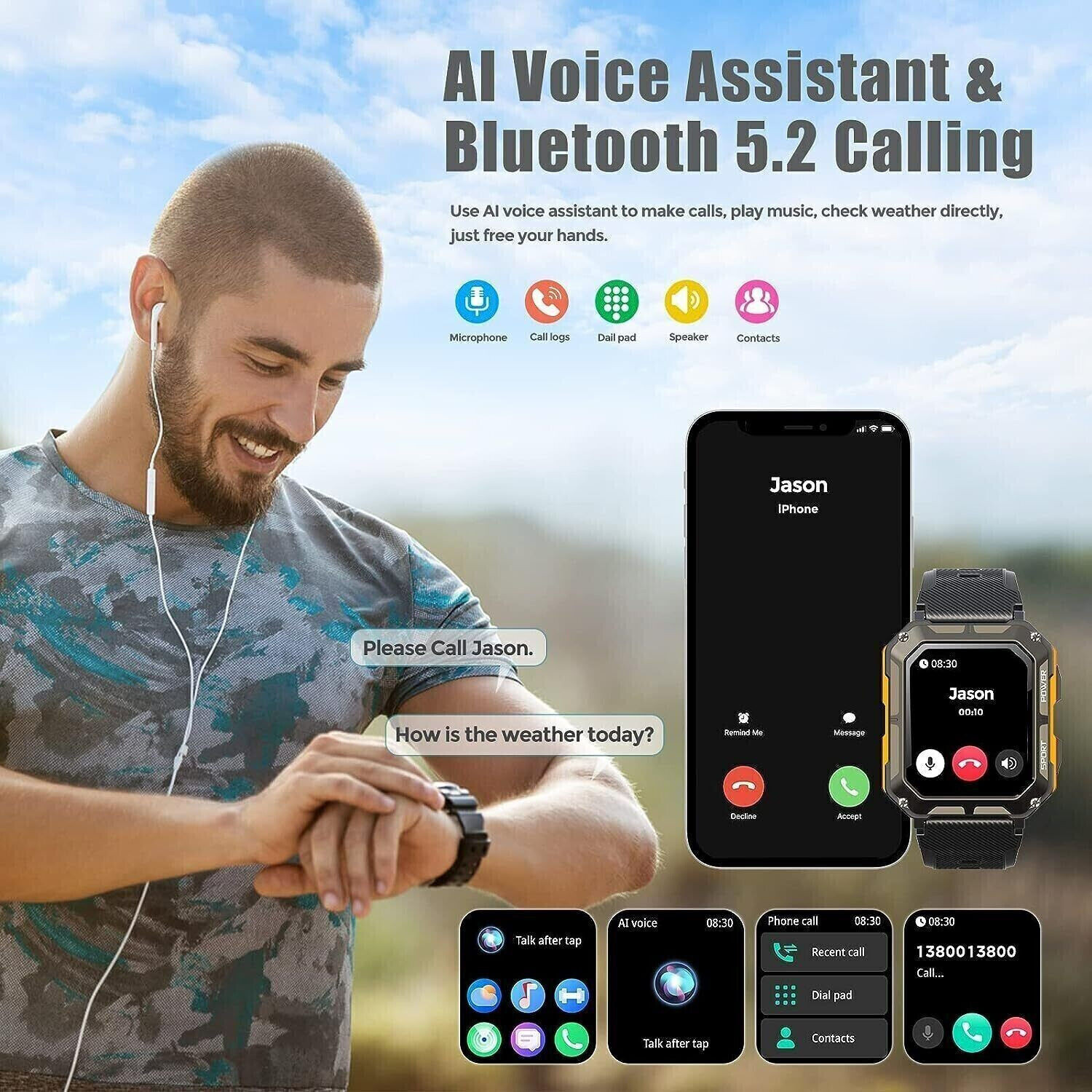 Military Smart Watch(Answer/Make Call) Rugged Tactical Fitness Tracker