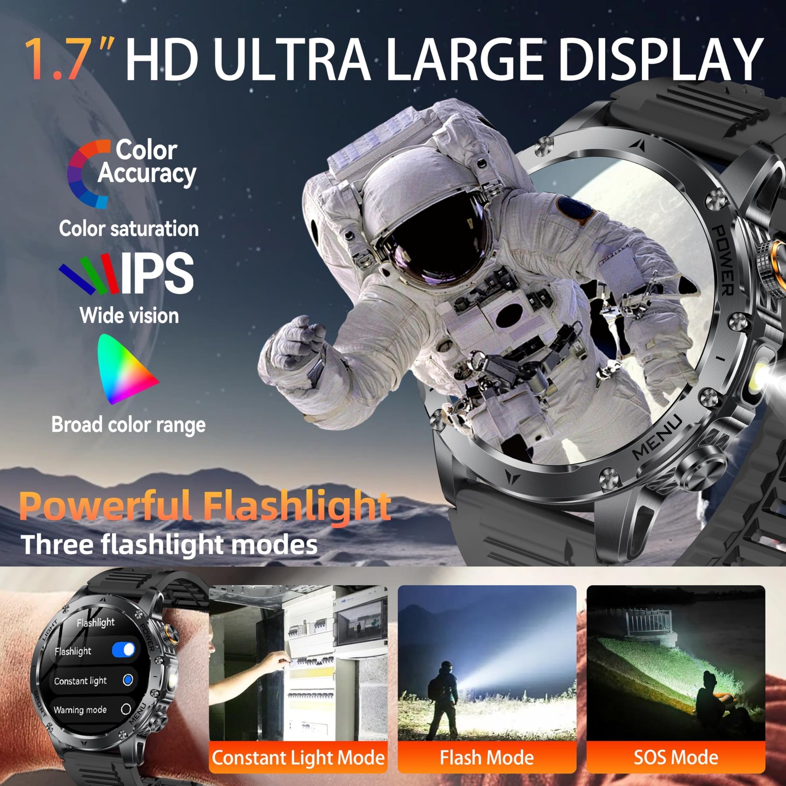 KPEP Military Smart Watches for Men with 2 Straps, 1000mAh Battery/LED Flashligh