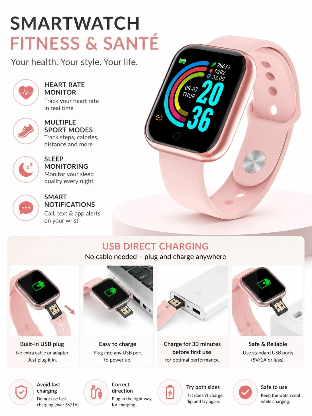 Fitness Smart Watch Activity Tracker for Android iOS Bluetooth Touch Screen