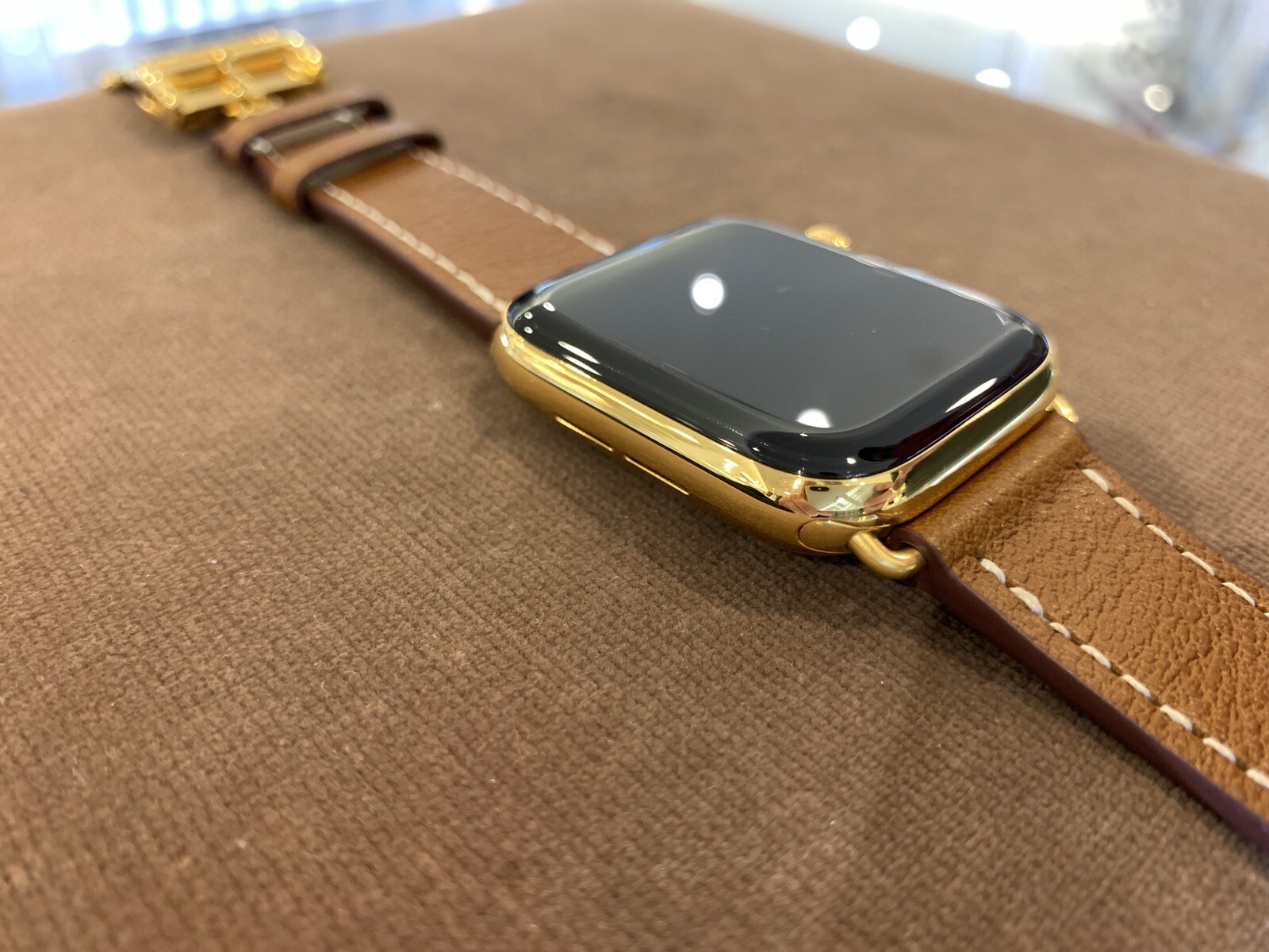 Brown Leather Band 44mm 24k Gold Plated Deplo Buckle Fits Any Series Apple Watch