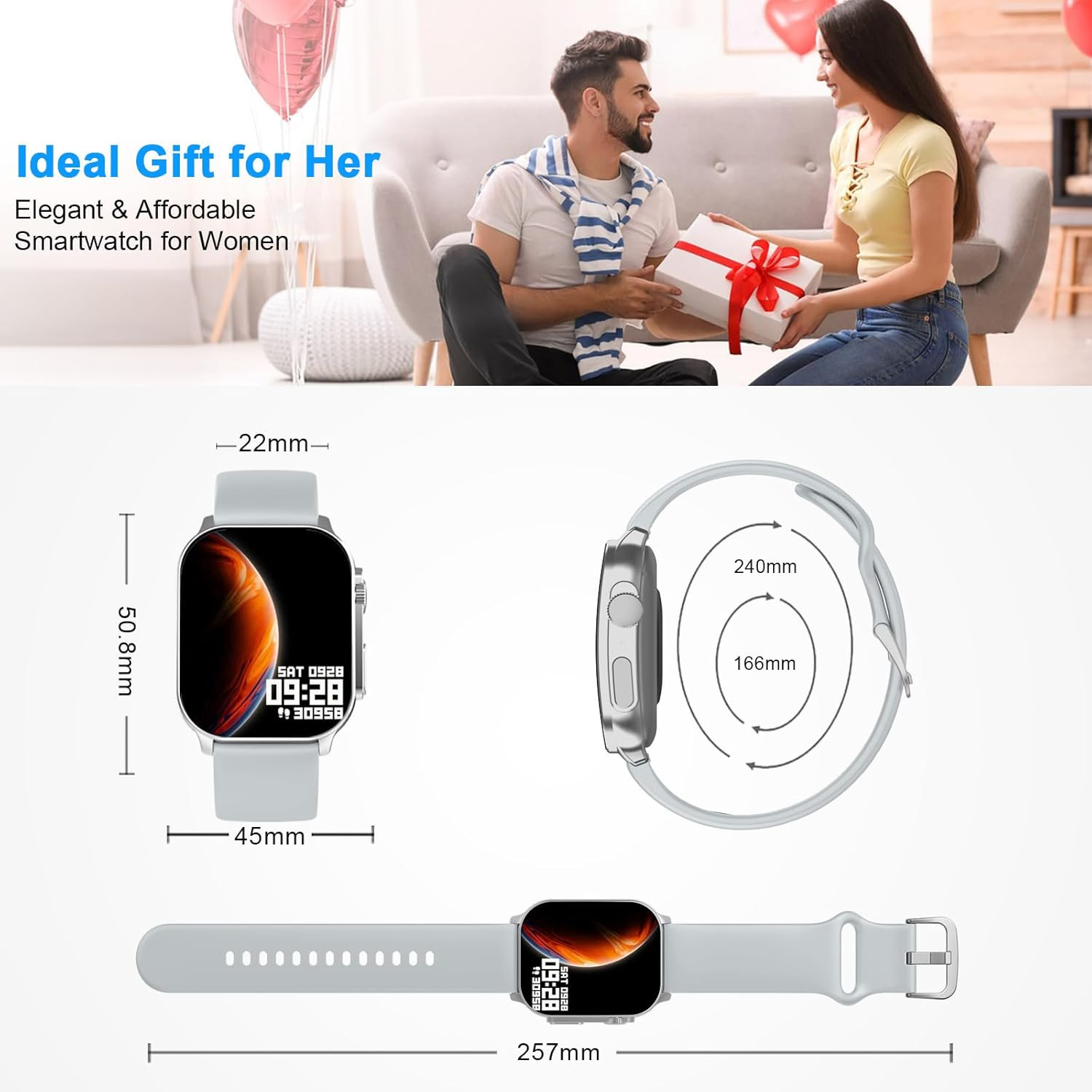 Smart Watch, 2.01″ AMOLED Curved Touchscreen Fitness Watch for Men Women, IP68 W