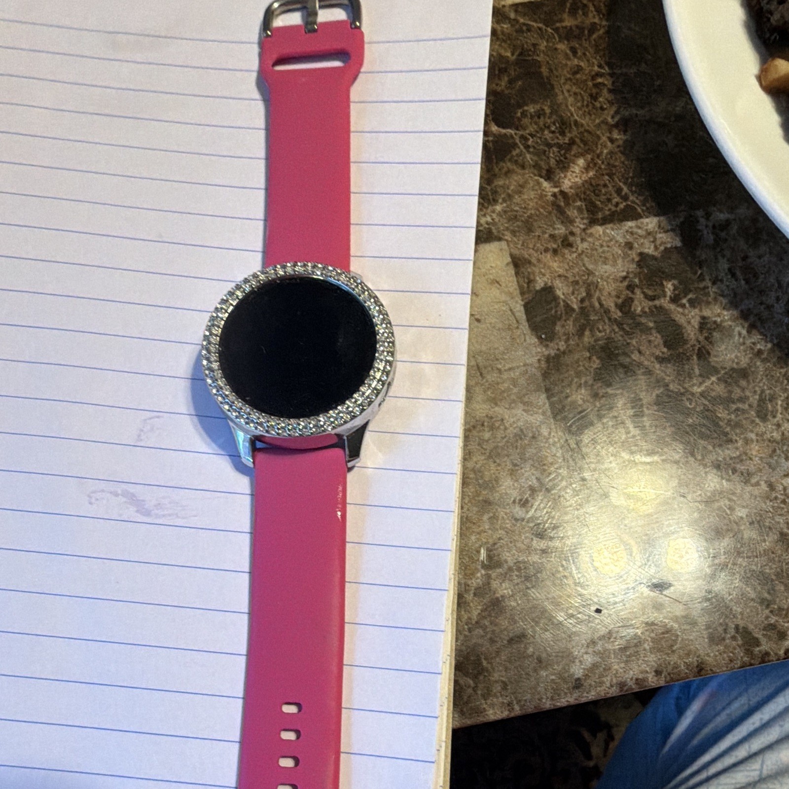 Round Smartwatch 40mm Silver Metal Case Pink Silicone Band Fitness Android iOS