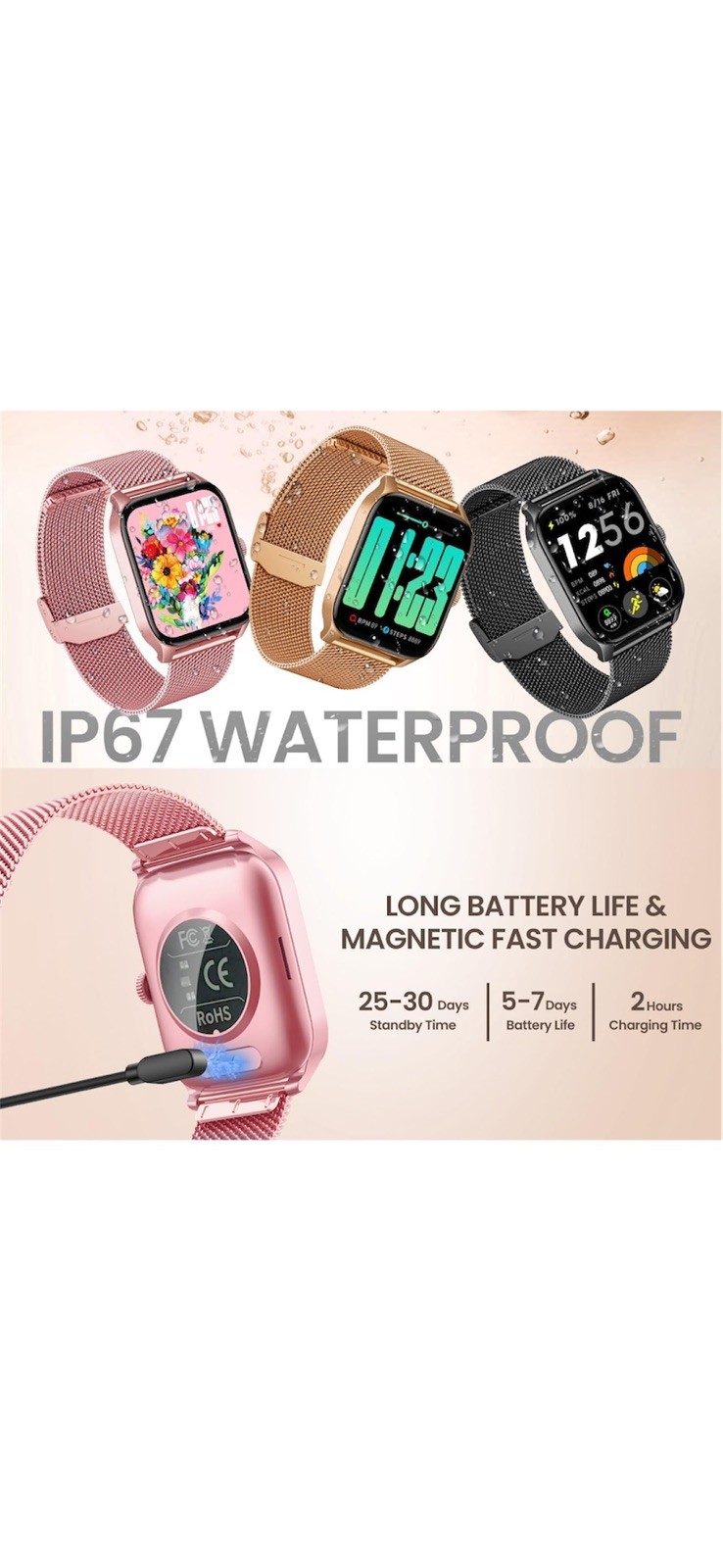 Pink Smartwatch for Women Android iOS Phones 1.83″ Touch Screen Call & Fitness