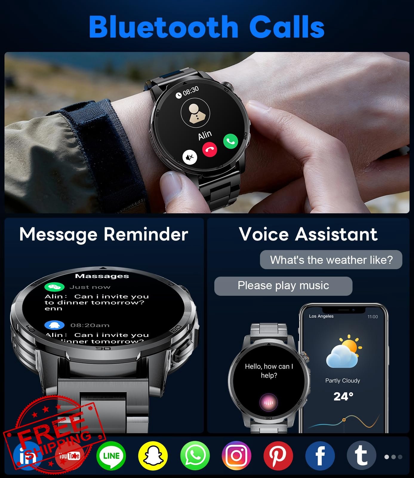 Men’s Military Smart Watch 1.85″ HD Rugged Call/1000mAh Battery/Fitness Tracker