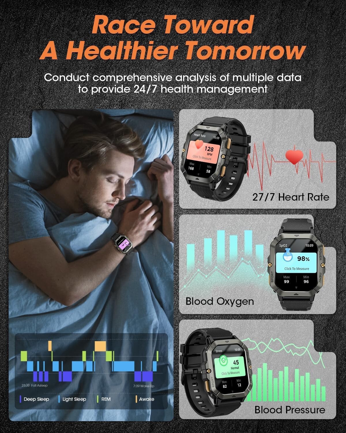 Rugged Military Smartwatch: Waterproof Fitness Tracker with 100+ Sport Modes