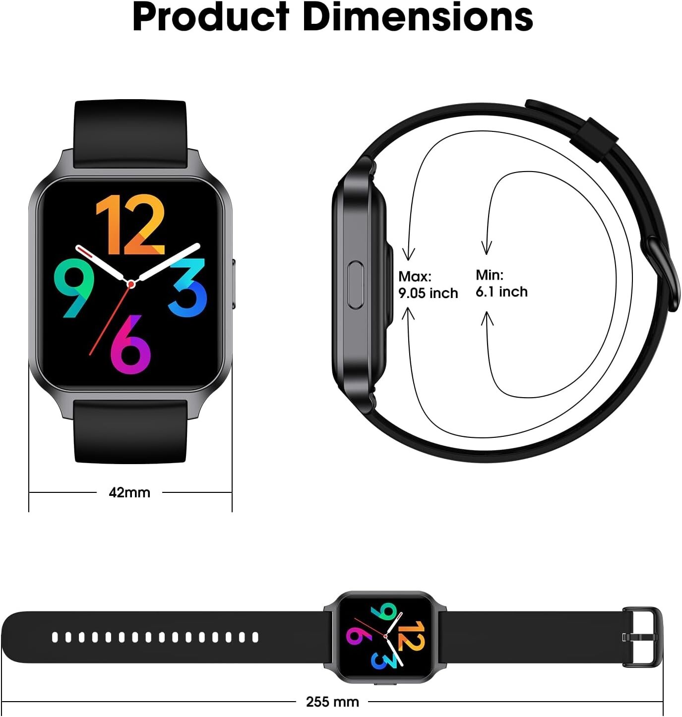 Unisex Smart Watch Fitness Features 42Mm Full Touch Screen Waterproof Black