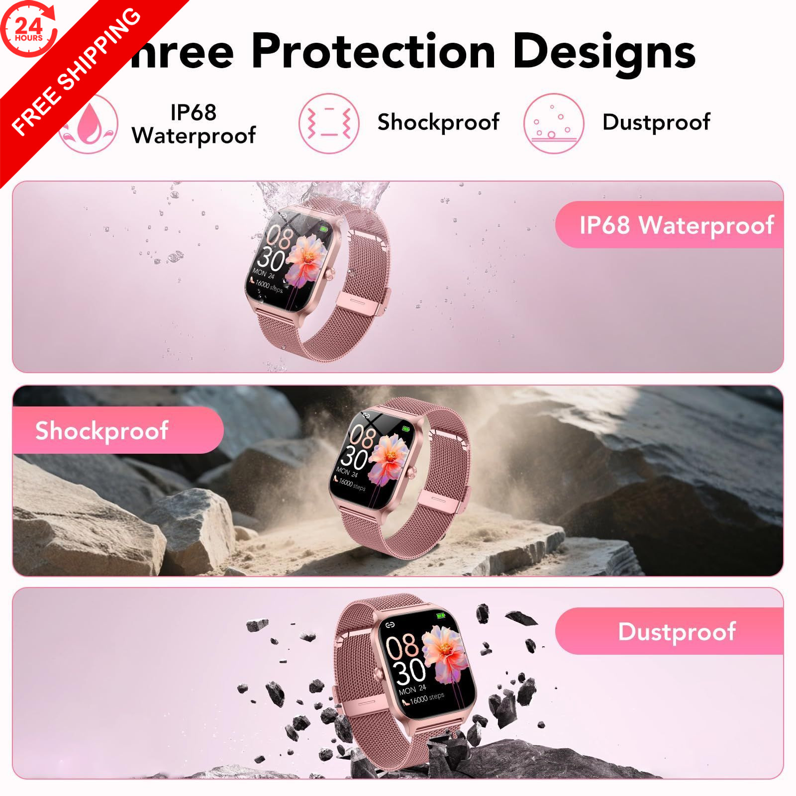 CASCHO Smart Watch for Women (2 Bands), Bluetooth Call No, Rose Gold