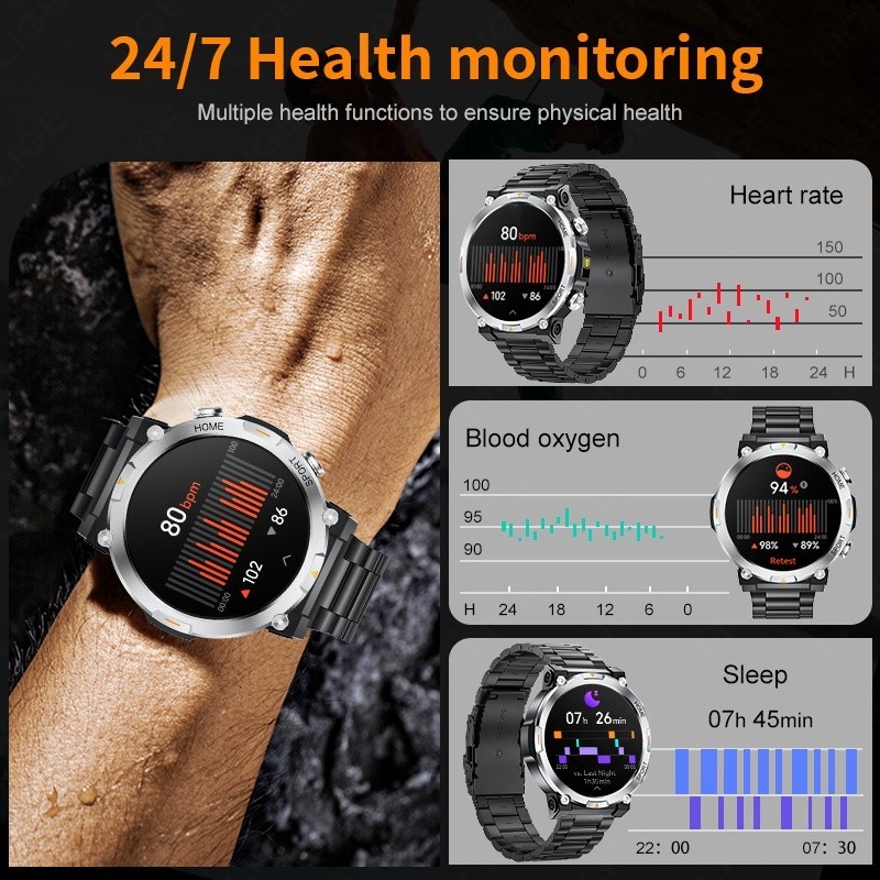 Military Smart Watch Men Rugged 1.43″ Fitness Tracker Waterproof LED Flashlight