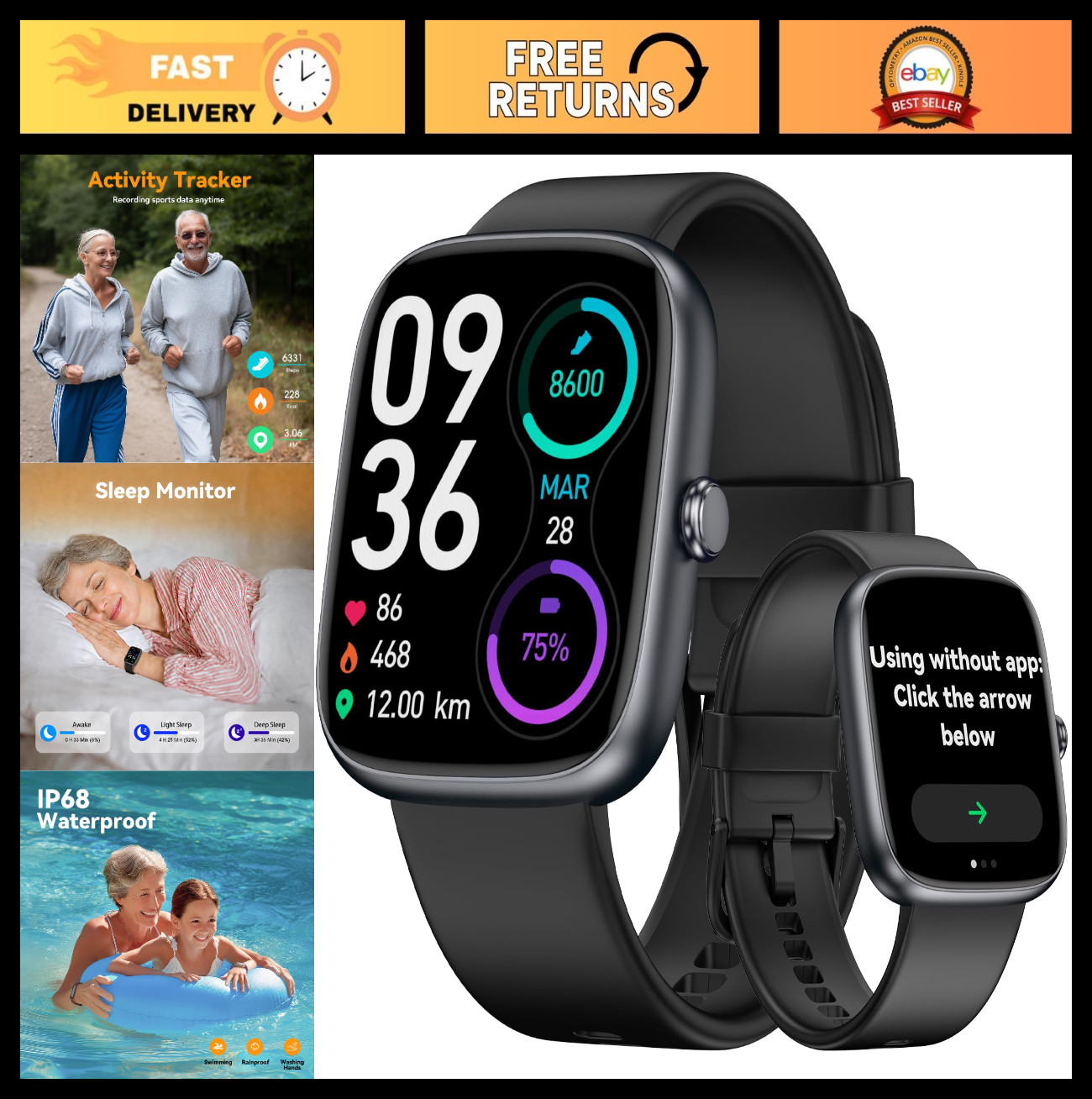 Senior-Friendly Fitness Tracker – 1.83” HD Touchscreen, Waterproof Smart Watch,
