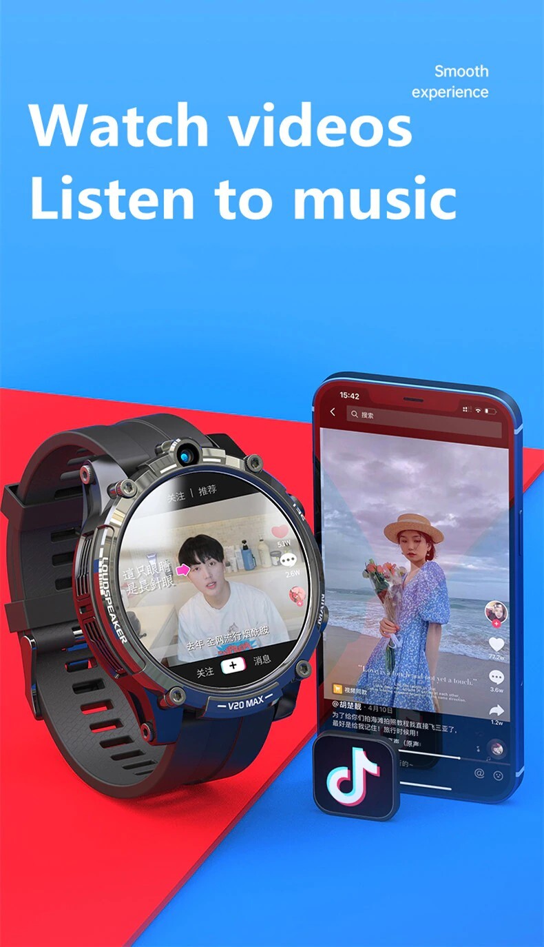 V20 Max 1.6 inch 4G LTE (4GB/128GB) Dual Cam Wi-Fi Sports Pedometer Heart, New
