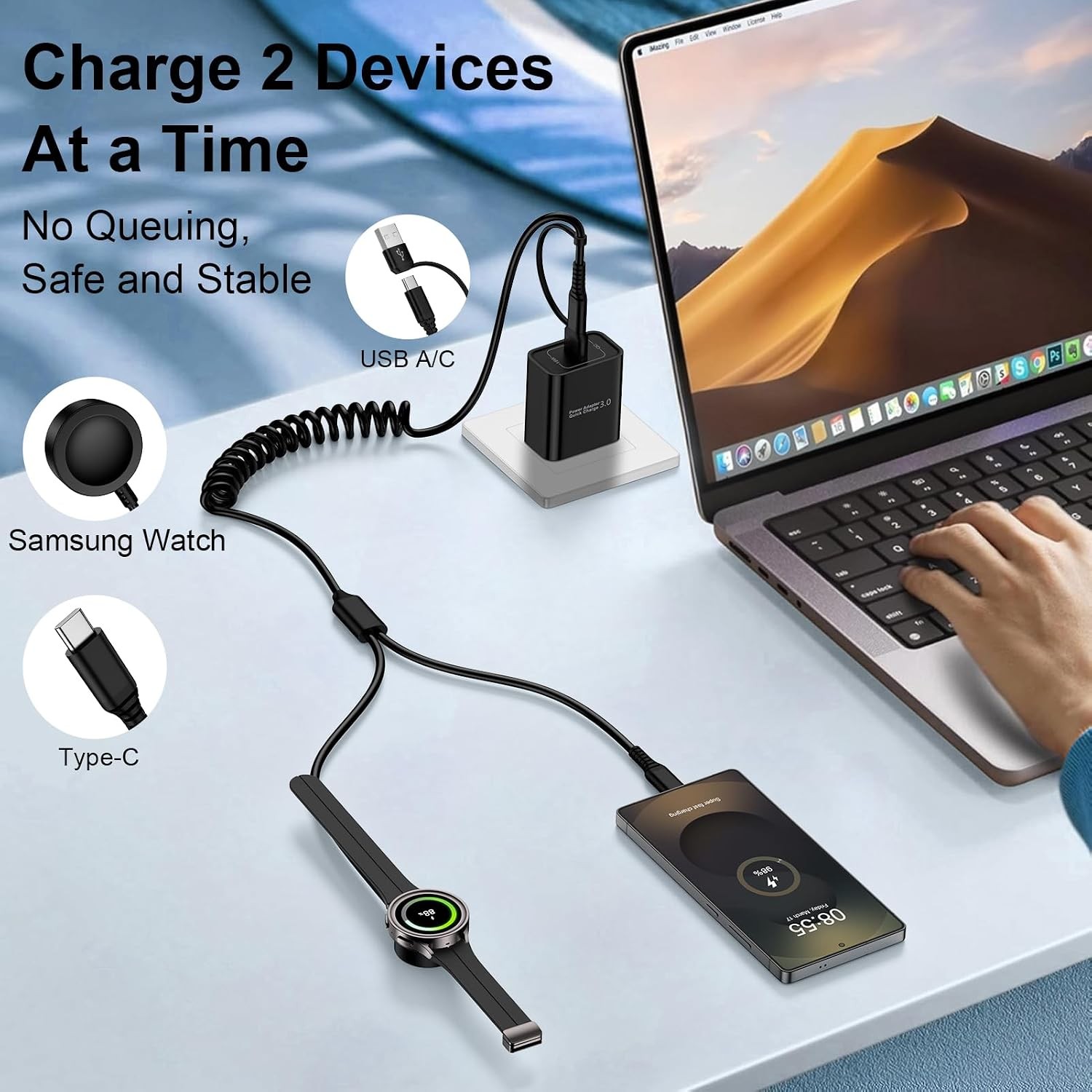 2 in 2 Samsung Watch Charger USB C Fast Charging Cable for Galaxy Watch 8, 3FT C
