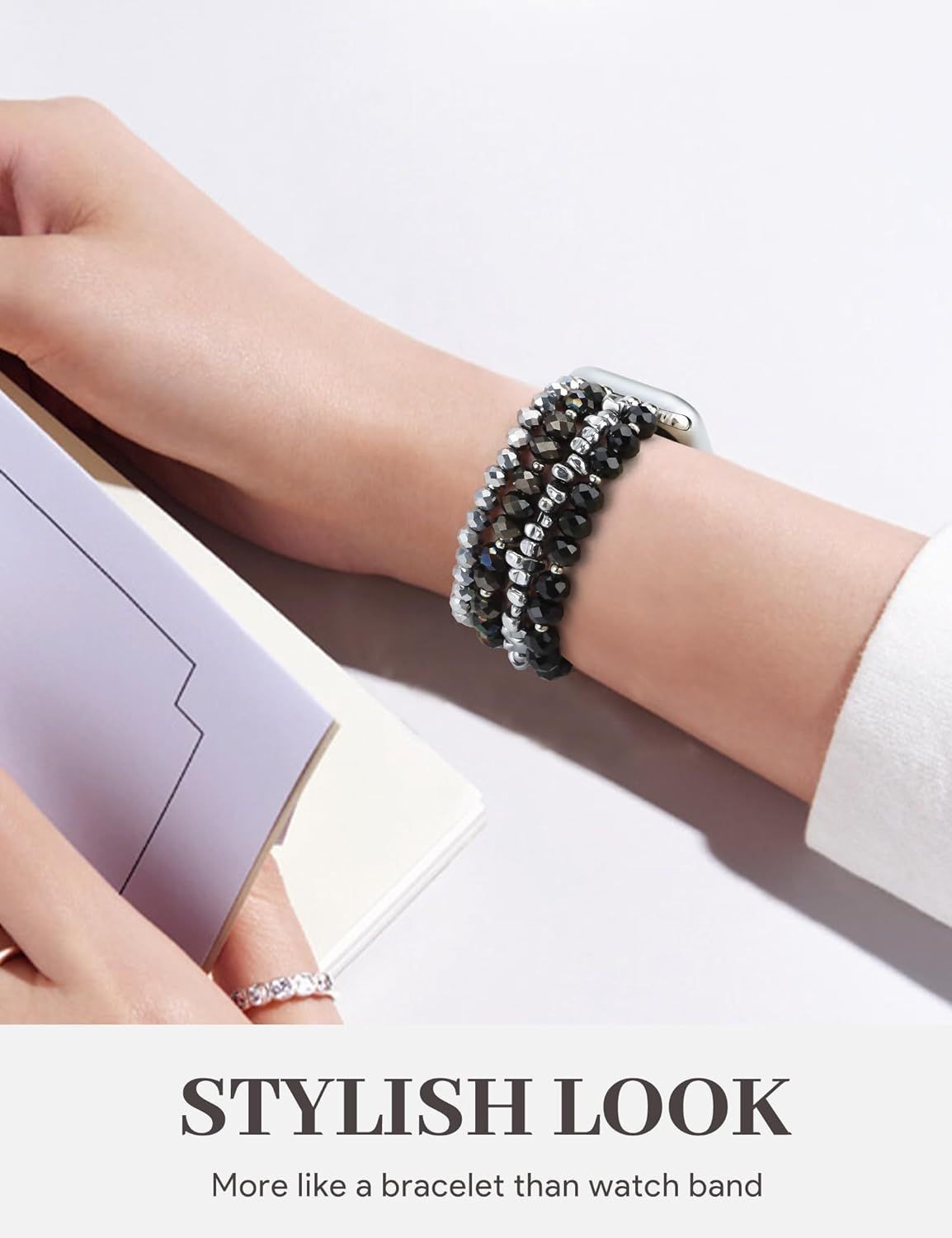 Handmade Beaded Bracelet Band in Black Silver for Apple Watch 38mm 40mm 41mm