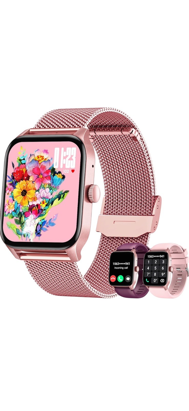 Pink Smartwatch for Women Android iOS Phones 1.83″ Touch Screen Call & Fitness