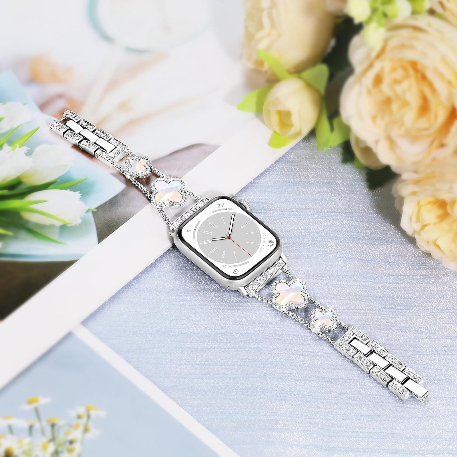 Clover Apple Watch Band for Women, Bling Diamond 42mm 41mm 40mm 38mm
