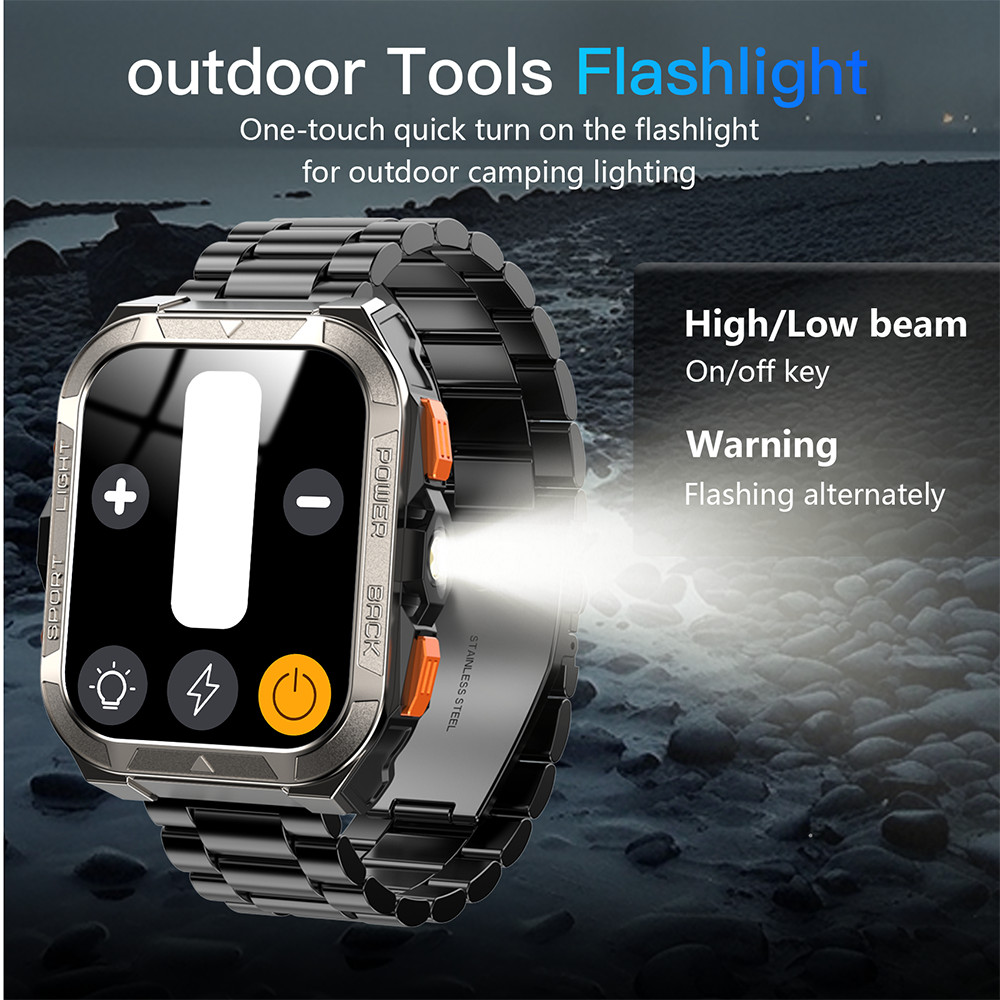 Military Smart Watch Men 900mAh Stainless Steel Watches Flashlight Fitness Track
