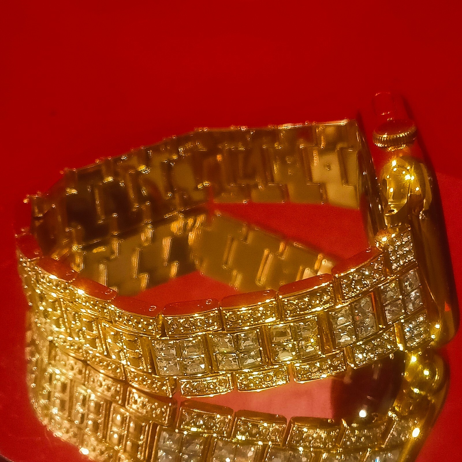 24K Gold Plated Stainless Steel Apple Watch 45mm Simulated Diamond Link Bracelet
