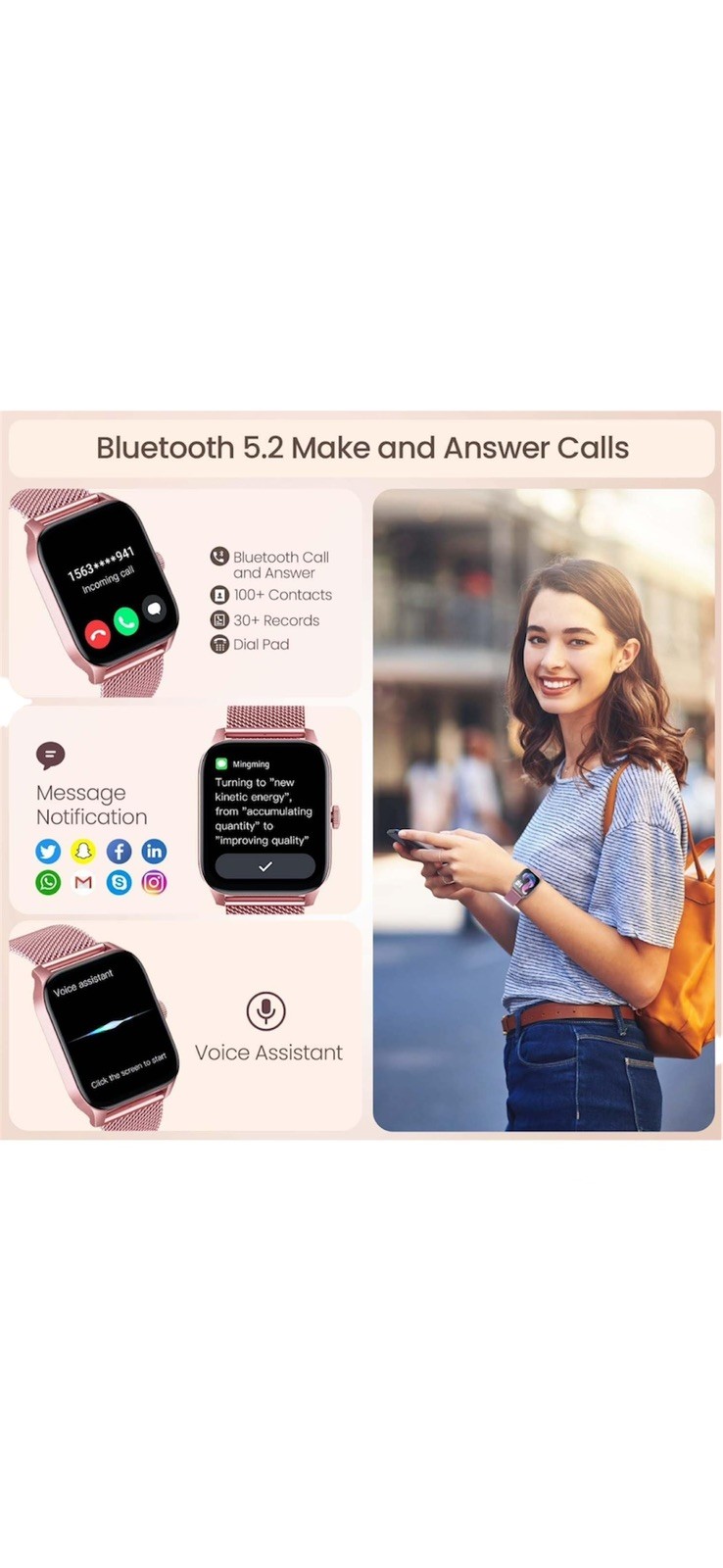 Pink Smartwatch for Women Android iOS Phones 1.83″ Touch Screen Call & Fitness