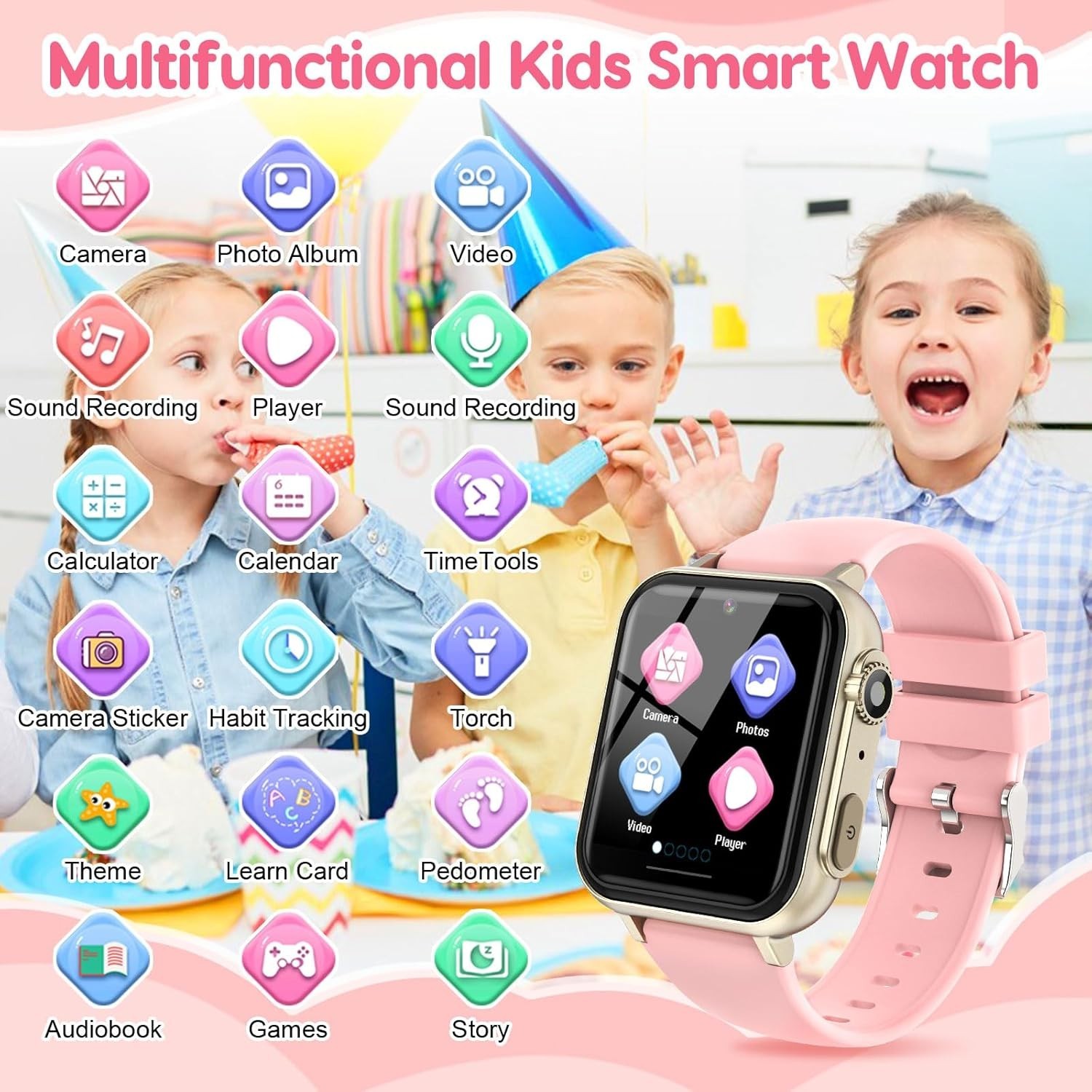 Reloj Inteligente Para Niñas Con Linterna, Camara y 28 Juegos Educativos [Rosa]