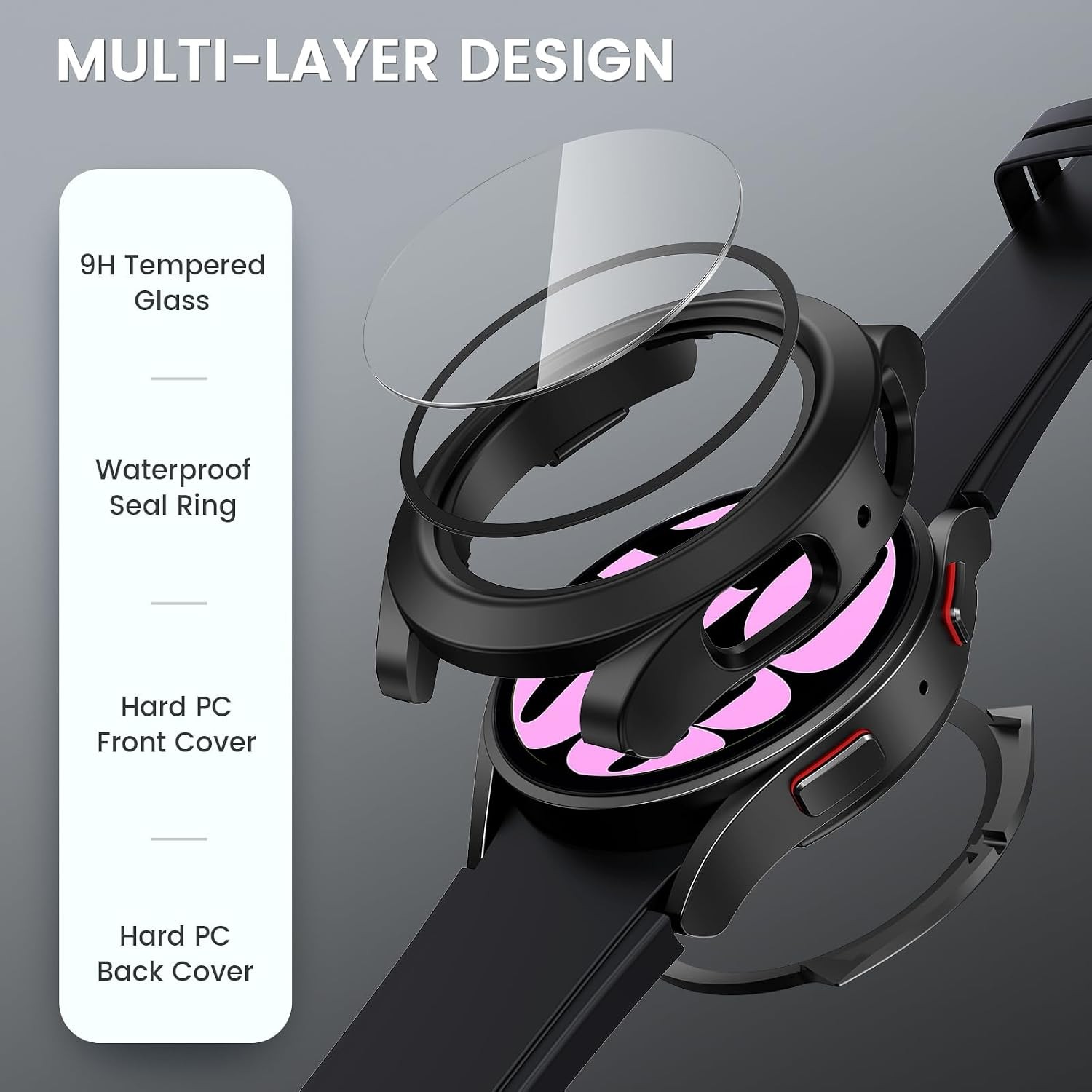 2 in 1 Waterproof Case for Samsung Galaxy Watch 7 6 5 4 44mm 40mm with Tempered