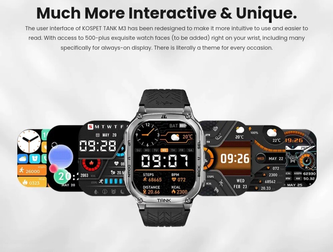 2024 KOSPET TANK M3 Smart Watch BLACK for Men Long Battery Life 50M Waterproof