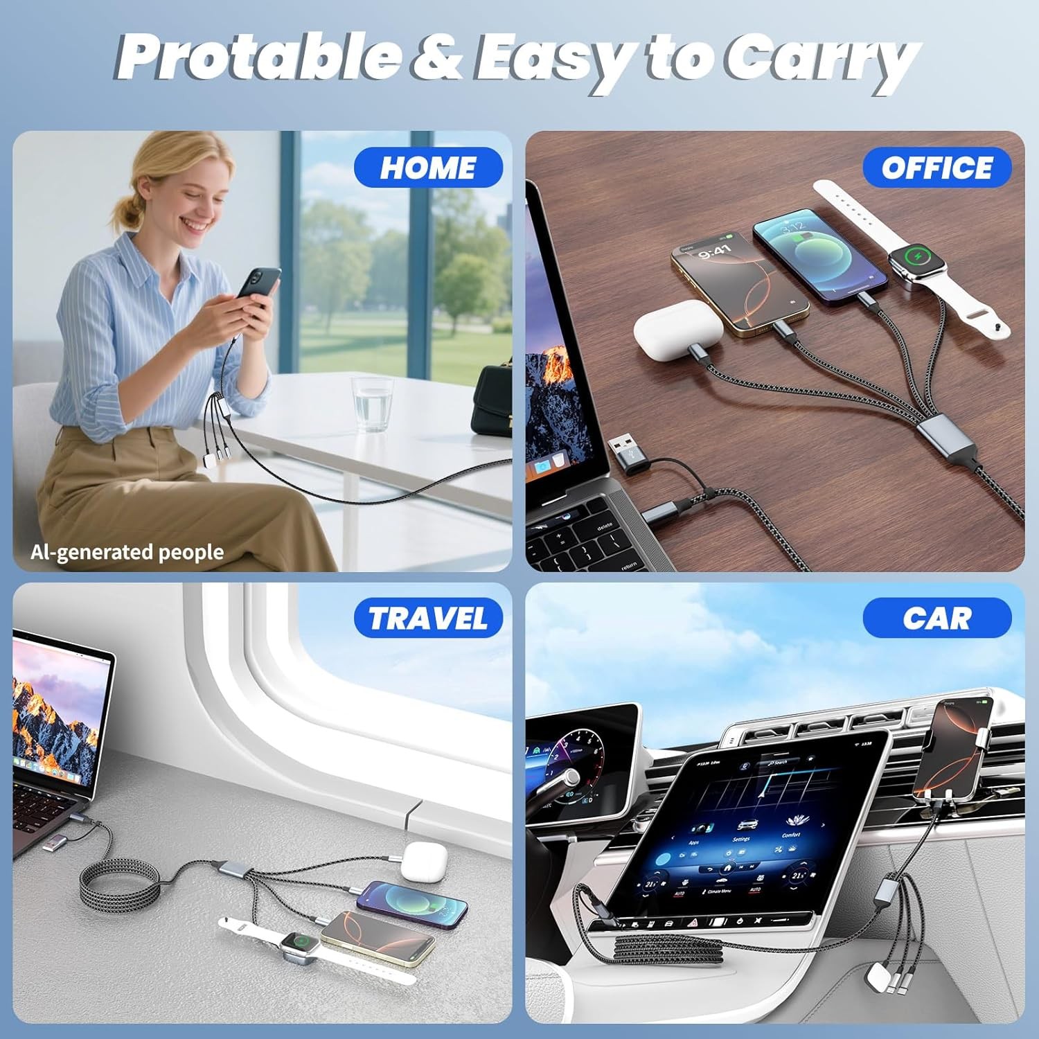 Travel Vacation Essentials 4 in 2 Dual Type C Multi Charging Cable for Watch Cha