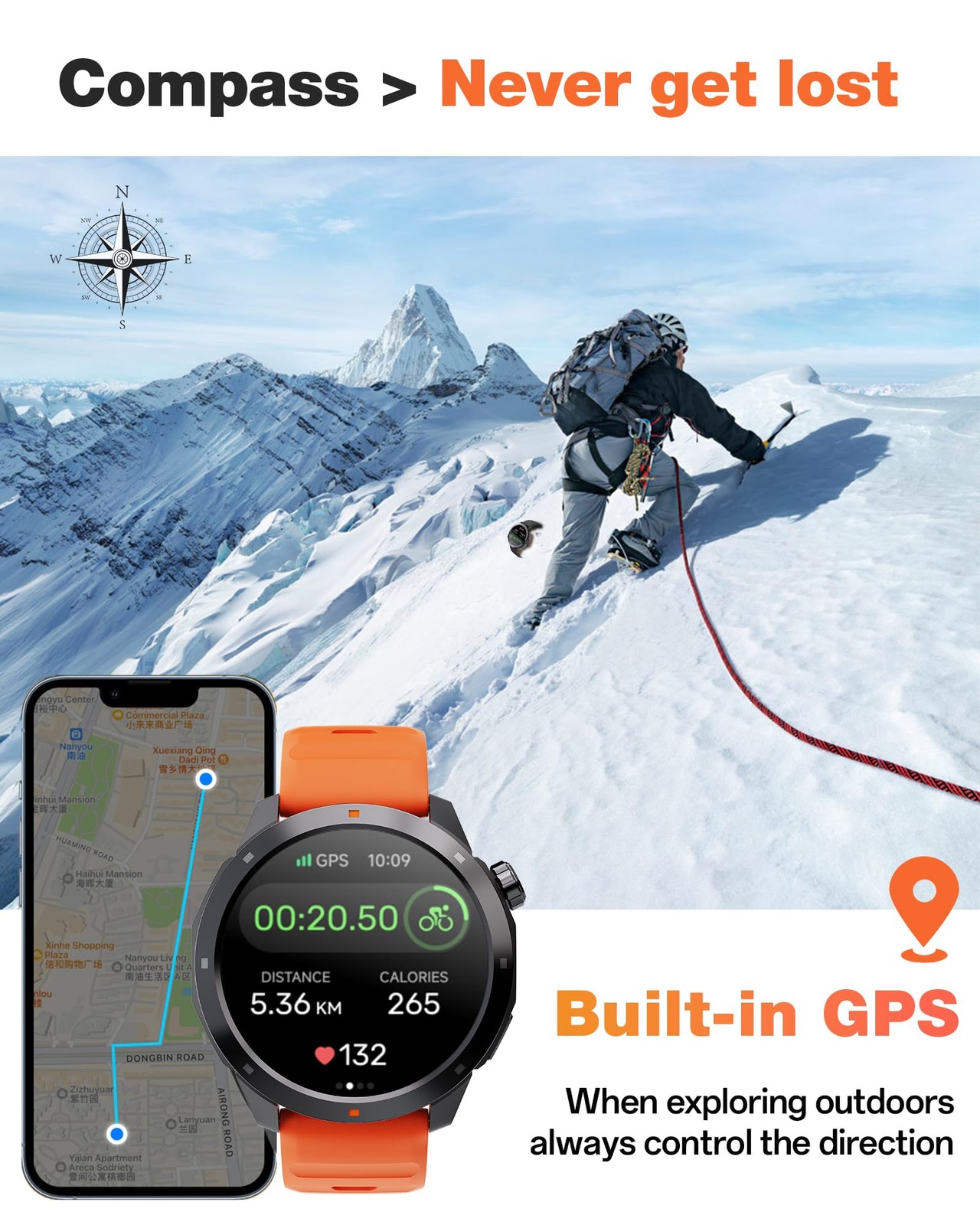 AOLON GPS Smart Watch for Men, 1.43″ AMOLED, Compass/Barometer, 3ATM/IP68