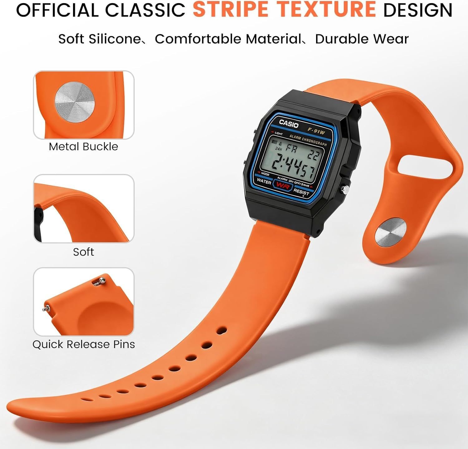 2 Pack Strap Only For Casio F-84/F-91W/F-94/A158/A168/F-105/F-108 18mm Silicone