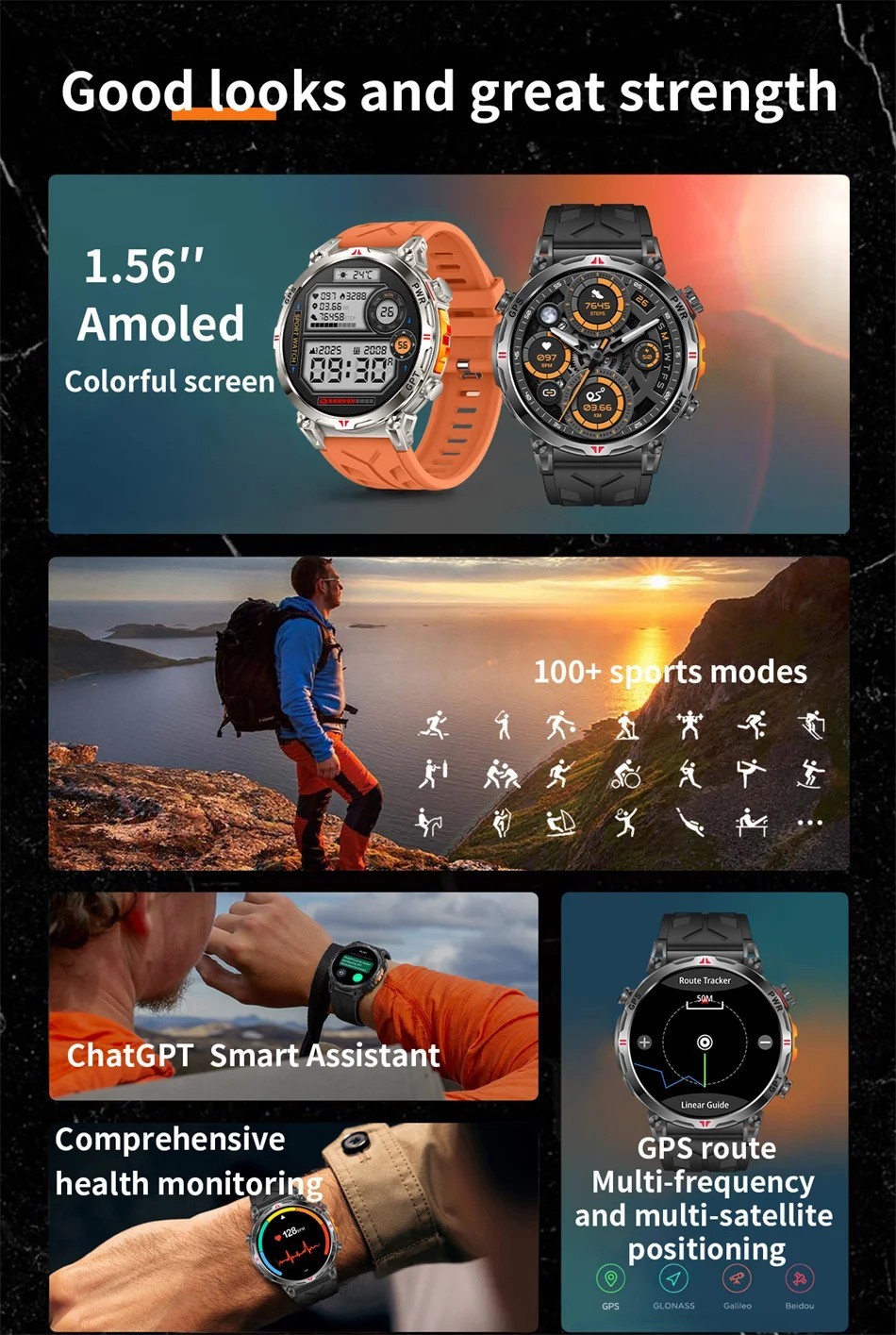 Military GPS Smart Watch Men AMOLED Compass Altimeter 5ATM Waterproof