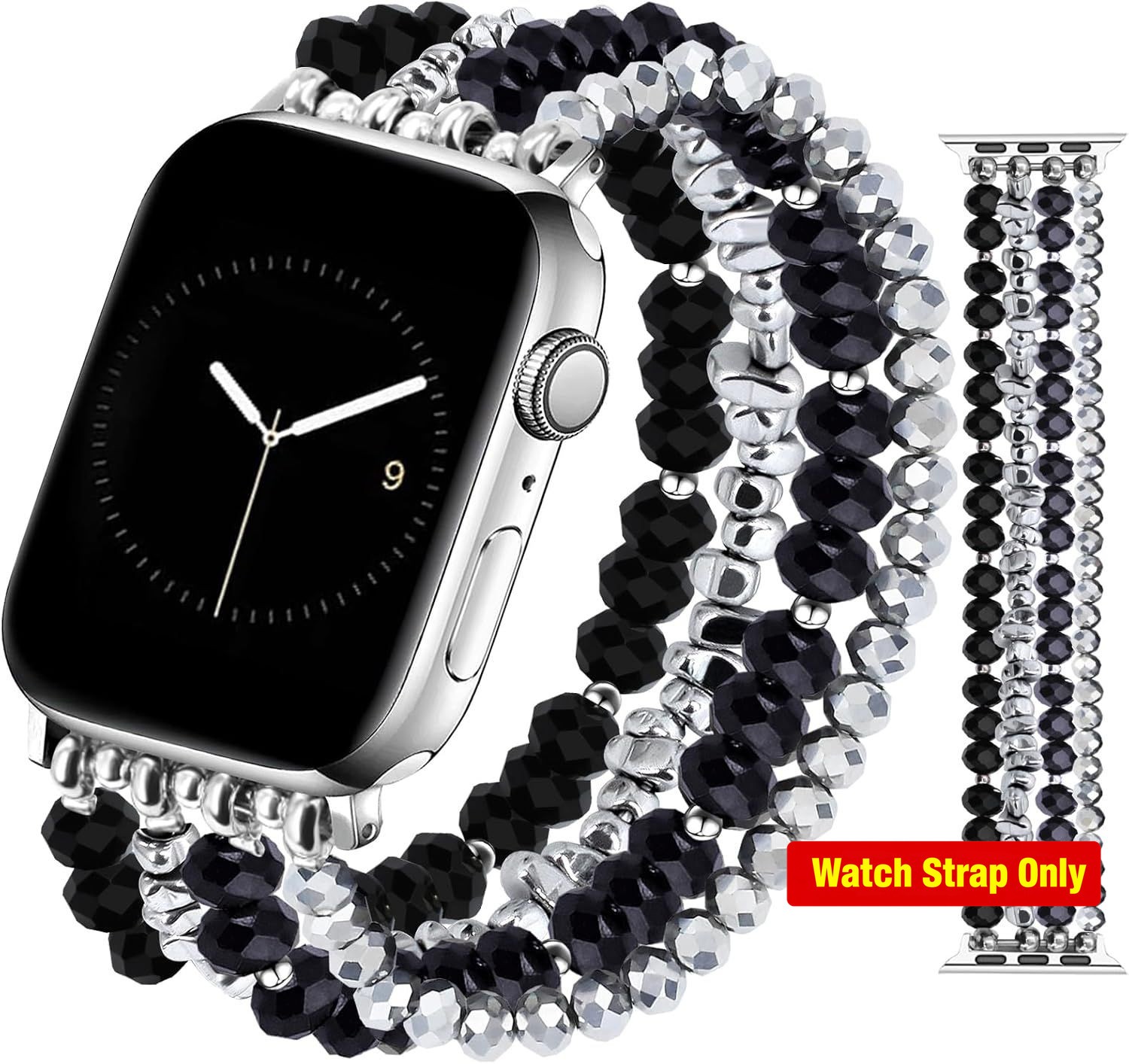 Handmade Beaded Bracelet Band in Black Silver for Apple Watch 38mm 40mm 41mm
