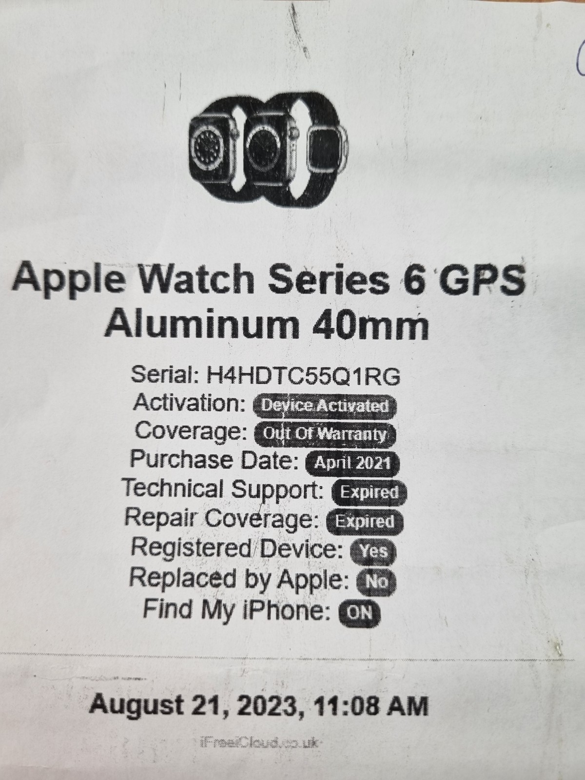 Apple Watch Series 6 40mm Gold Aluminum A2291 – For Parts or Repair