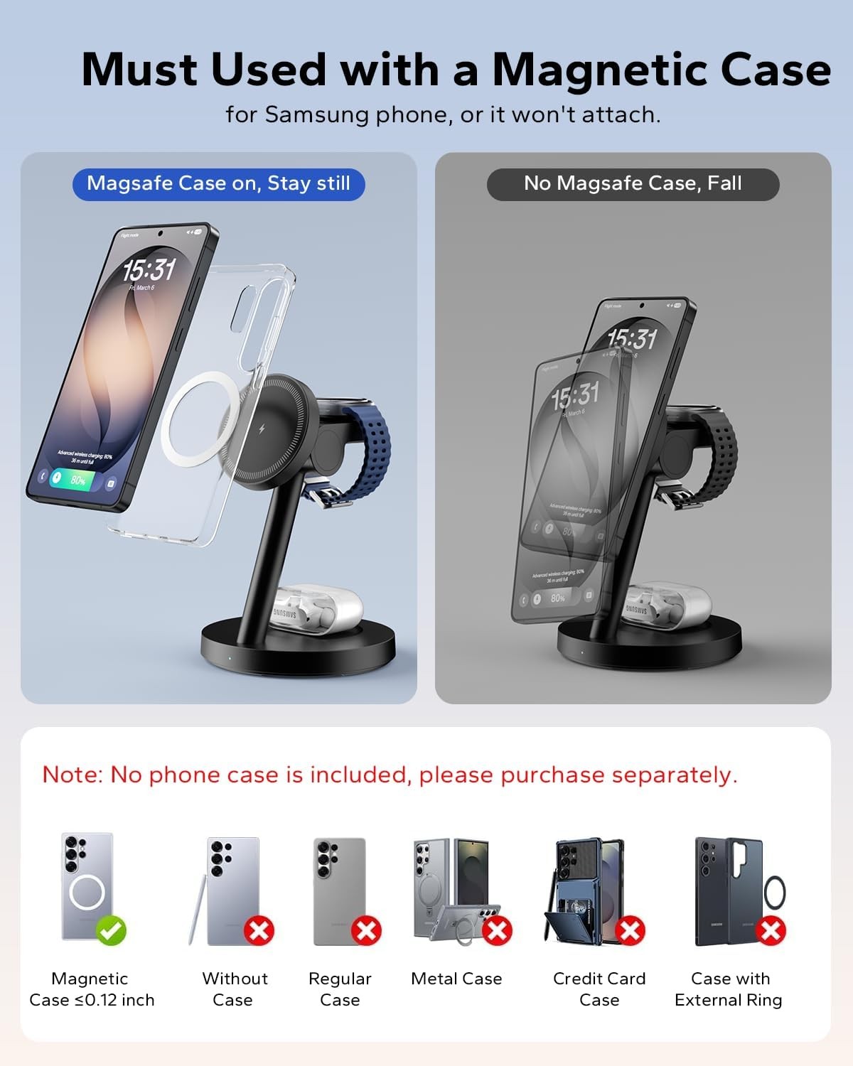 for Samsung 3 in 1 Charging Station, Magnetic Wireless Charger Stand for Galaxy