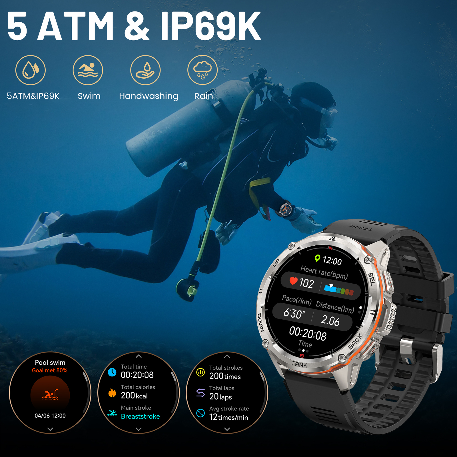 AMAZTIM TANK T3 Smart Watch for Men Women Smart Watches 50m Waterproof Men Watch