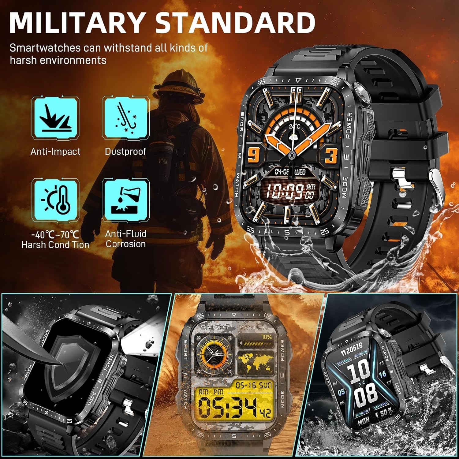 Military Smartwatch 1.96″ Bluetooth Call with LED Flashlight Fitness Tracker