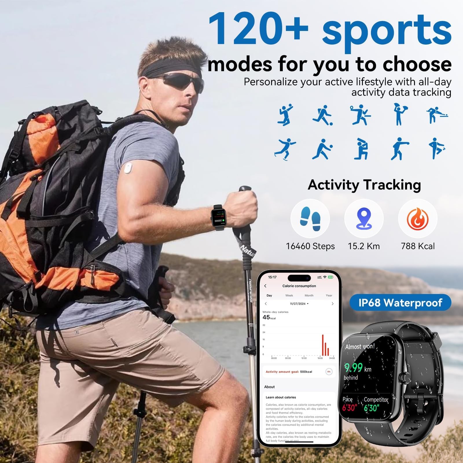 Smart Watch 1.83 Inch HD Fitness Tracker Bluetooth Calls Heart Rate IP68 Black