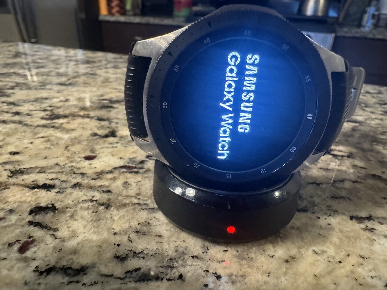 Samsung Galaxy Watch 46mm Silver Black Silicone Touch BT w/ charging stand