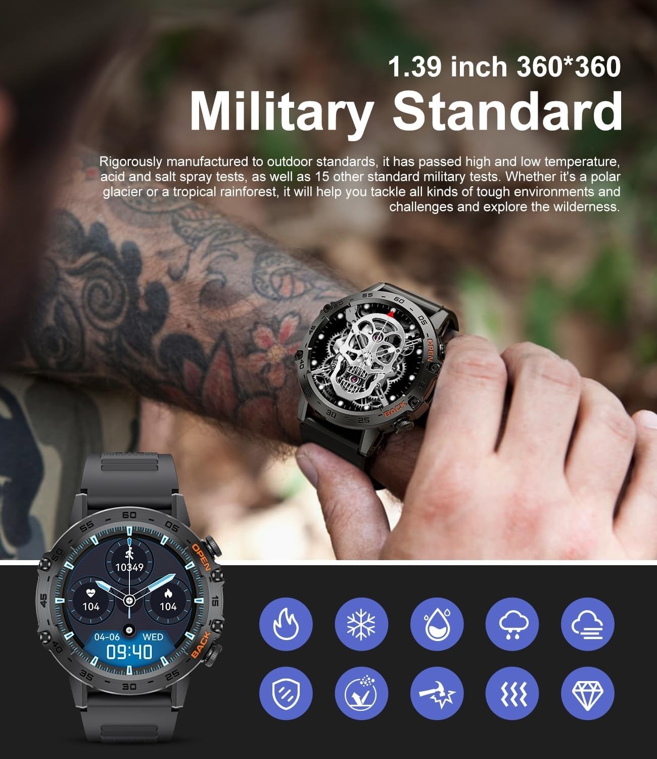 Rugged 5ATM Waterproof Smartwatch for Men – 100 Sports Modes & Bluetooth Calls