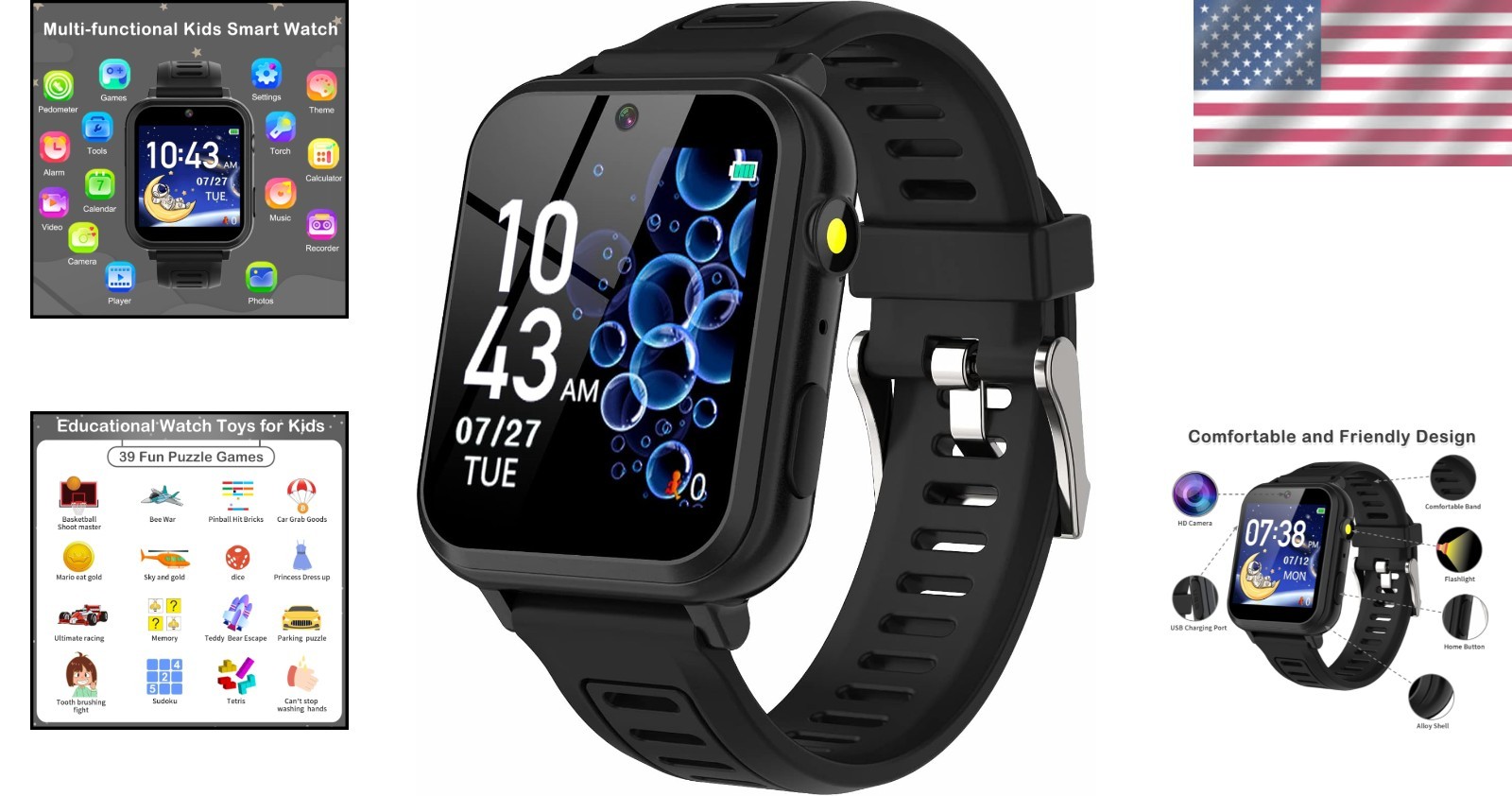Black Kids Smart Watch with Music Recorder, Games & Fitness Tracker – Gift Idea