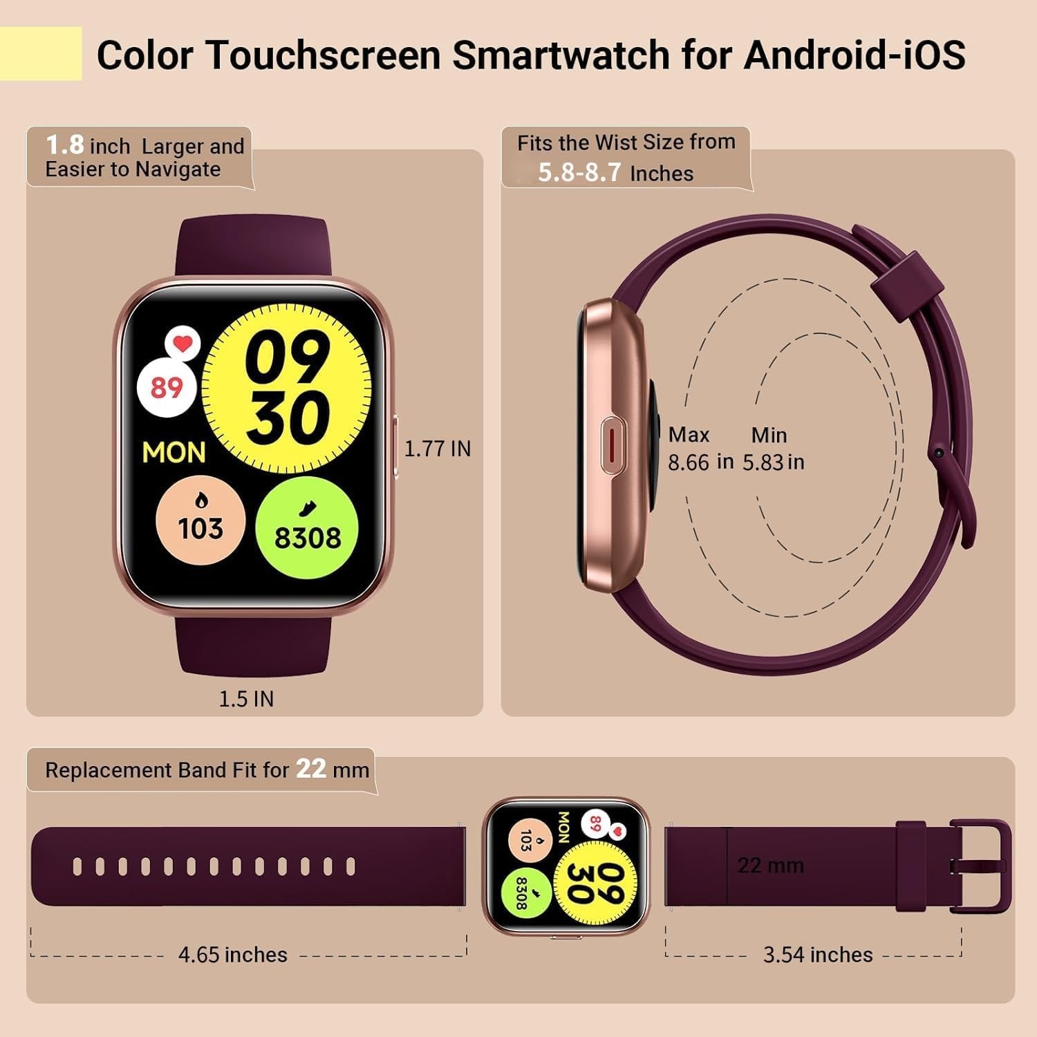 Waterproof Women’s Smartwatch with Fitness Tracking & Customizable Watch Faces