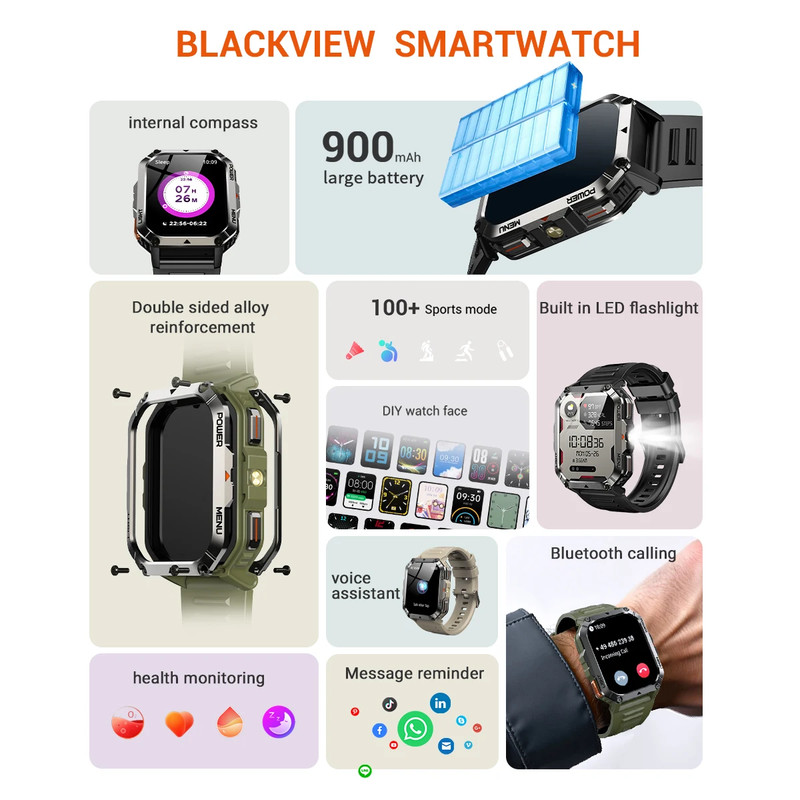 Bluetooth Smart Watch For Men 900mah Built-in Compass Health Monitoring Watches