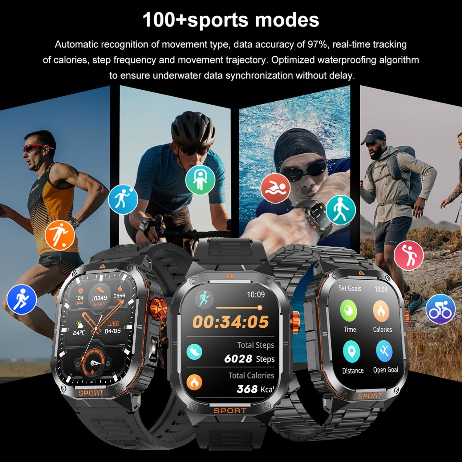 Rugged Smart Watch Bluetooth Heart Rate BP Sleep Monitor Sport Watch Waterproof