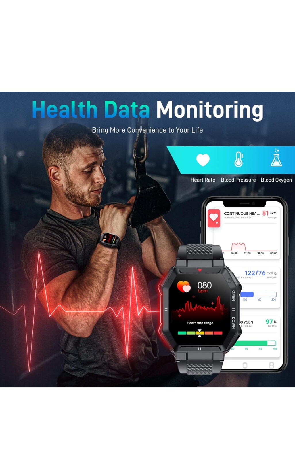 Smartwatch Tactical Fitness Activity Tracker Waterproof for Samsung Galaxy A12