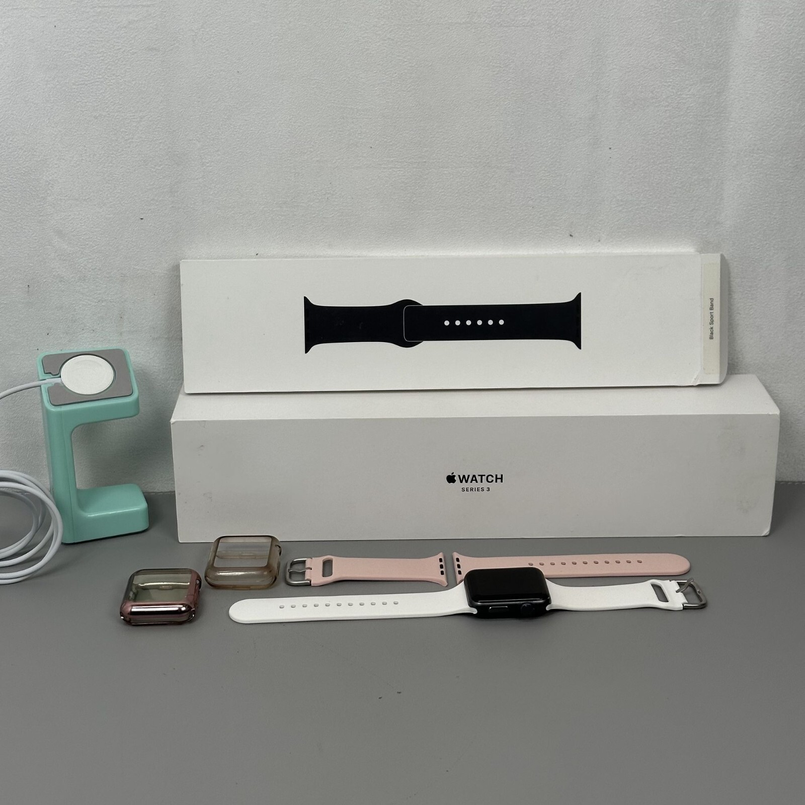 Apple Watch Series 3 Watch & Acessories Lot White, Pink, & Black Bands Bundle