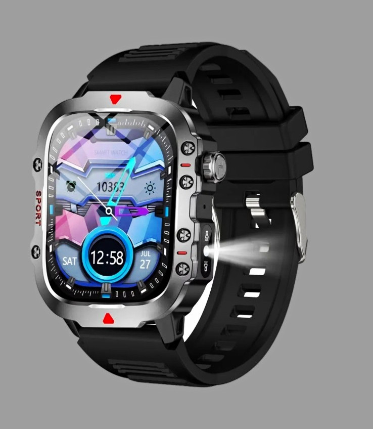 C41PRO Smart Watch 49mm Silver Metal Case Black Silicone Band Touch Fitness