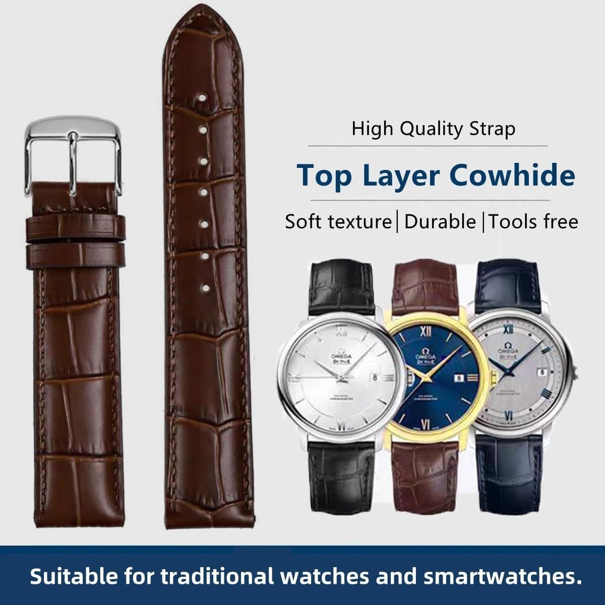 Genuine Leather Replacement Strap for 16mm, 18mm, 20mm, 22mm Watches, Brown