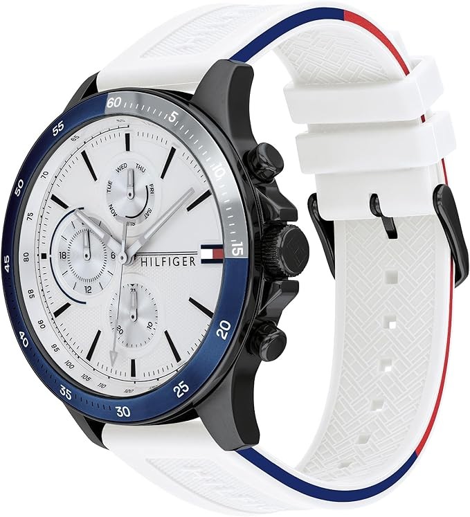 Tommy Hilfiger BANK Men’s Watch 1791723 White Silicone Strap Multi-Function 46mm