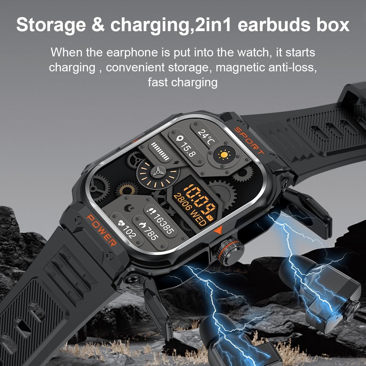 FANCHENGZI Smart Watch with Earbuds 2.01″ HD Screen Military Watch Men HR SpO2