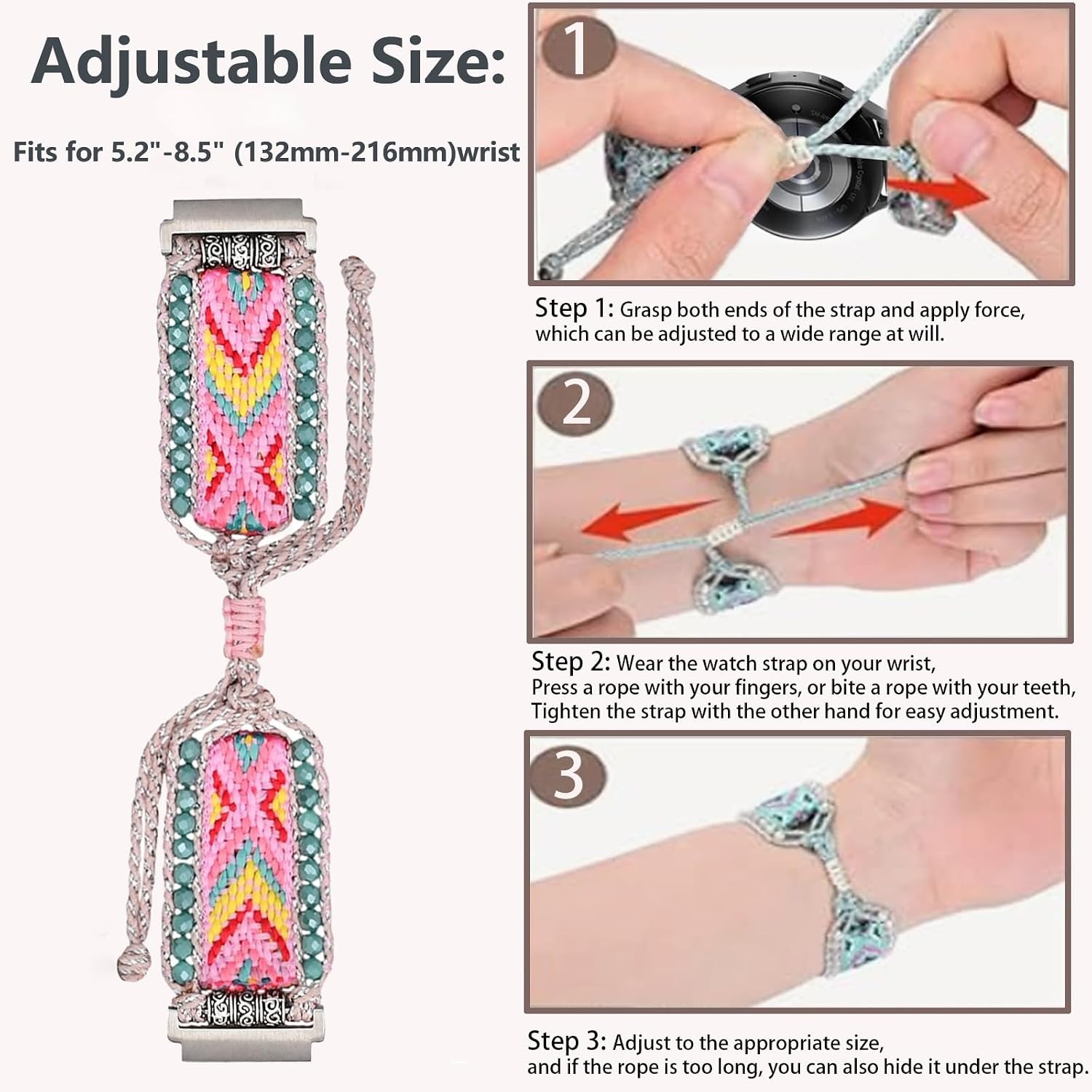 Retro Boho Fabric Band for Samsung Galaxy Watch 40mm 44mm, Handmade Beaded Strap