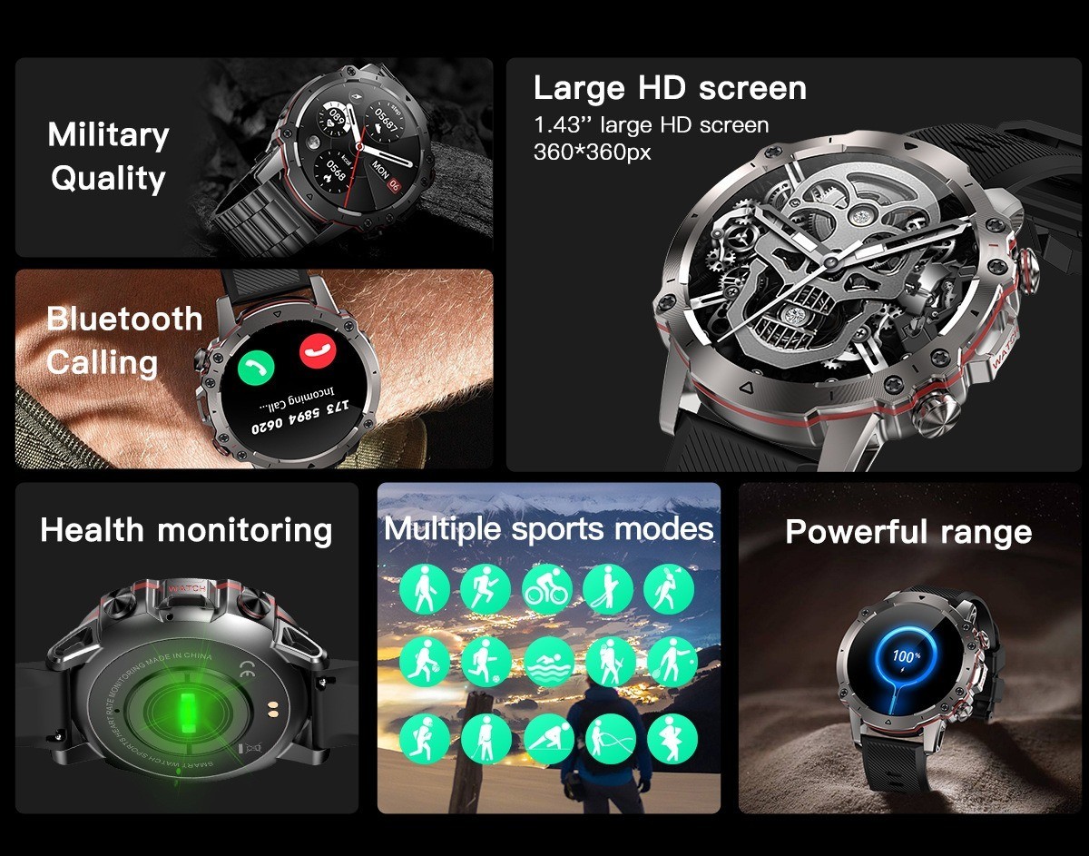 Smartwatch for Men 1.43″ HD Bluetooth Call 110+ Sports 400mAh IP67 Waterproof