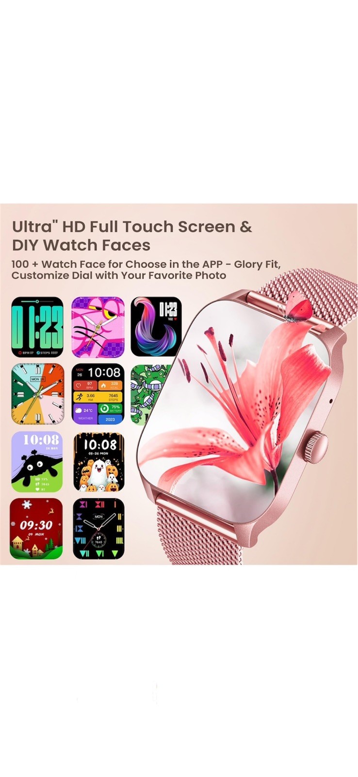 Pink Smartwatch for Women Android iOS Phones 1.83″ Touch Screen Call & Fitness
